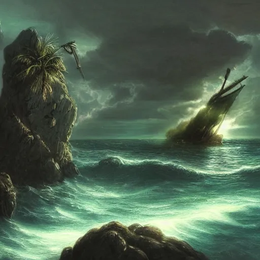 Image similar to wooden shipwreck of old pirate ship on rocks at sea, dramatic lighting, sun beams, god rays illuminating wreck, dark background, gloomy green sea, fantasy art, painting, concept art, oil painting, brushstrokes