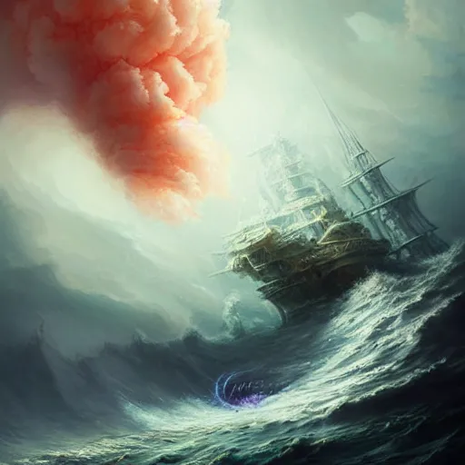 Prompt: A giant coral encrusteds keleton emerging from the stormy ocean depths attacking a 17th century Ship-of-the-line, atmospheric, dramatic, concept art by Peter Mohrbacher