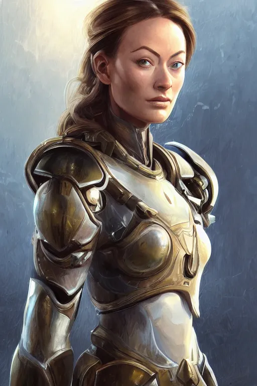 Image similar to a professional painting of a young Olivia Wilde, clothes in military armor, olive skin, long dark hair, beautiful bone structure, symmetrical facial features, intricate, elegant, digital painting, concept art, smooth, sharp focus, illustration, from StarCraft by Ruan Jia and Mandy Jurgens and Artgerm and William-Adolphe Bouguerea