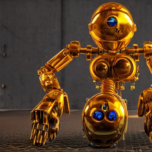 Image similar to a golden and blue metal humanoid steampunk robots wearing and gears and tubes is sitting on the ground, meditation, eyes are glowing red lightbulbs, shiny crisp finish, 3 d render, 8 k, insaneley detailed, fluorescent colors