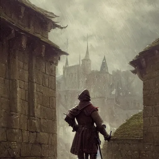 Image similar to a man holding a sword in the medieval era the background to the small town and it is raining by greg rutkowski