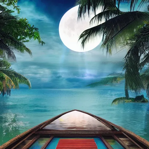 Image similar to Floating palace, moon reflecting on the water, thunderstorm, greek pool, beach and Tropical vegetation on the background major arcana sky, vogue magazine, y2k aesthetic, hyperrealistic 8k, award-winning, very very very detailed