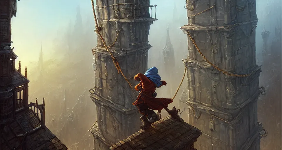 Image similar to landscape painting of a hooded thief in leathers using a rope to climb a tall metal steampunk buildings with a fantasy city, fine details, andreas rocha, magali villeneuve, artgerm, rutkowski