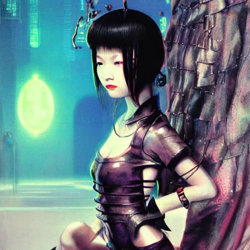 Prompt: fashionable photo of amai liu in futuristic goth make - up, lolita fashion, spikes, latex, cute, cyberpunk, pastel colors, yoga pose, highly detailed, photorealistic, volumetric light, petite, by bruce pennington, by wayne barlowe, by takashi murakami, by john berkey