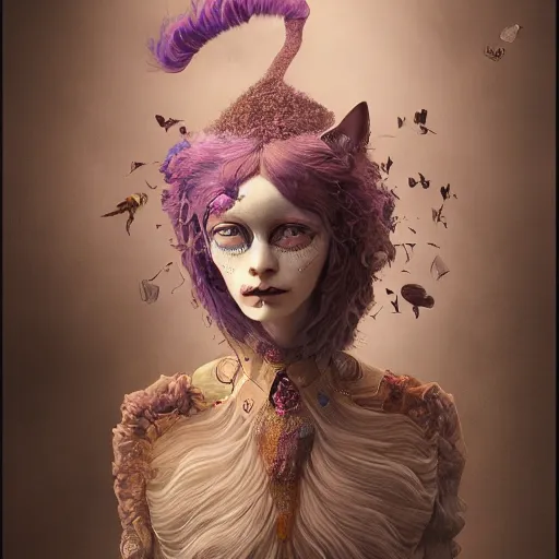 Image similar to actionism, soft painting curiosities carnival, beautiful cat head hybrid in full long dress, accurate features, focus, very intricate ultrafine details, black white purple volumetric clouds, award winning masterpiece, octane render 8 k hd, tom bagshaw artstyle