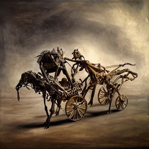 Image similar to The mixed mediart features a human figure driving a chariot. The figure is skeletal and frail, with a large head and eyes. The chariot is pulled by two animals, which are also skeletal and frail. slow shutter speed by Alex Ross rich