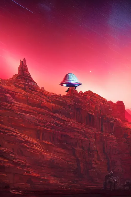 Image similar to futuristic temple in red canyon, star trails above, dramatic lighting, artstation, matte painting, ralph mcquarrie, simon stalenhag, zaha hadid