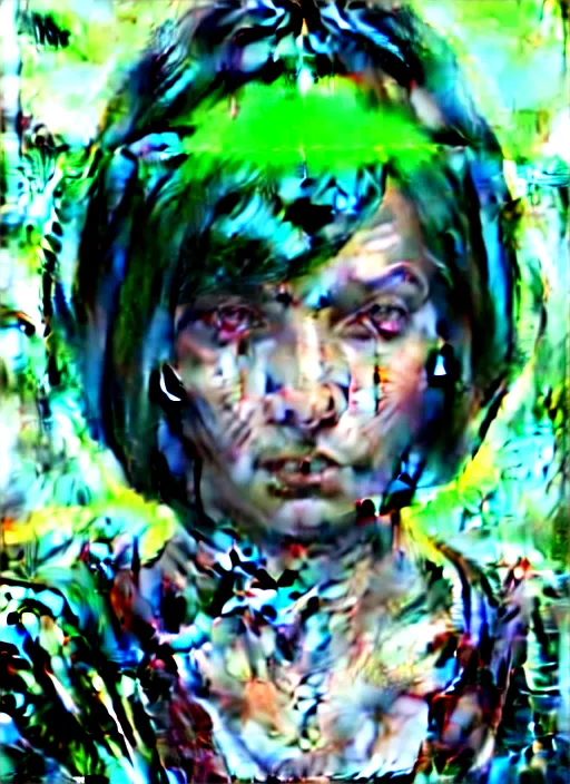 Image similar to Portrait of young female sorcerer, D&D fantasy, her hair is green and styled in a Bob Cut, magic particles flutter in the air, she has a distant expression, and is wearing a shirt and vest, intricate, highly detailed, digital painting, artstation, concept art, sharp focus, illustration, art by greg rutkowski and Ross Tran