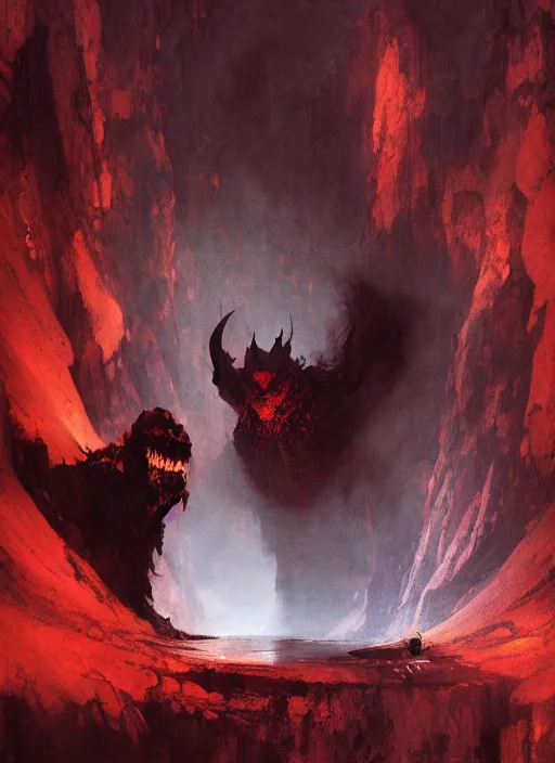 Image similar to looking up at a balrog in a vast cavern, intricate, elegant, highly detailed, john park, frazetta, sparth, ruan jia, jeffrey catherine jones