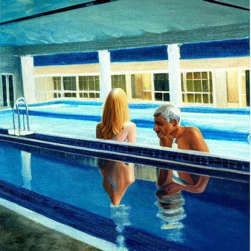 Prompt: Elle Fanning and Dr. Anthony Fauci at the pool at night, head and shoulders portrait, stormy weather, extremely detailed masterpiece, Roger Deakin’s cinematography, oil on canvas, Edward Hopper,