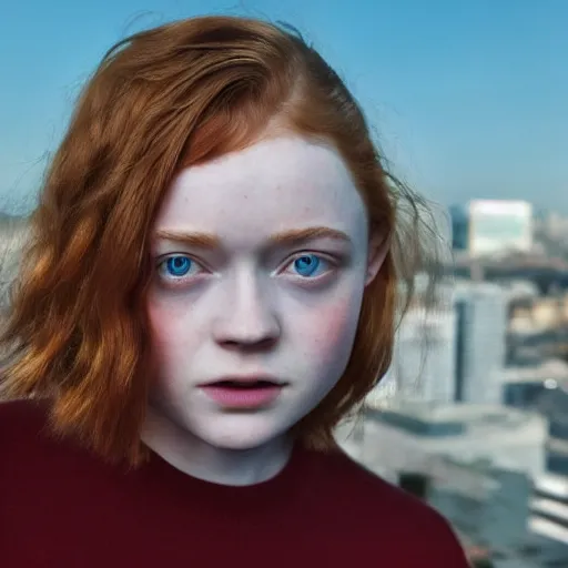 Image similar to sadie sink, portrait with buzzcut hair and city background, smokewave aesthetic