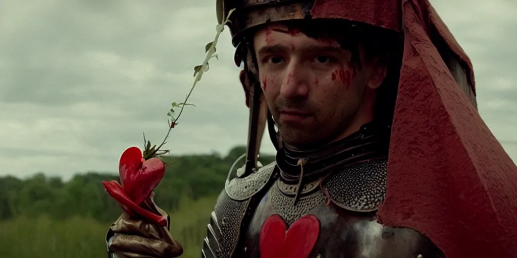 Image similar to film still of closeup the knight holds a bleeding heart in his hand by emmanuel lubezki