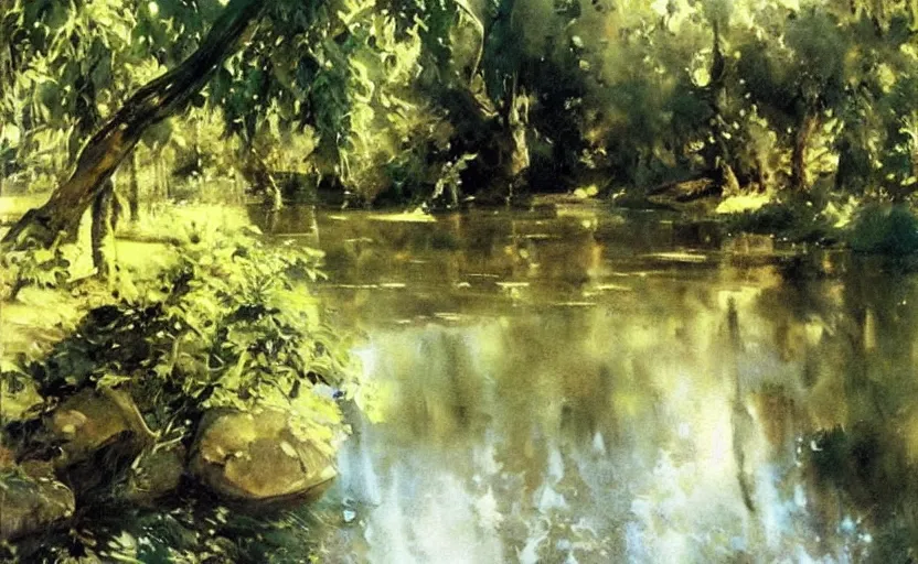 Image similar to oil painting lanscape by anders zorn, jungle nature, fruit trees, very very very very beautiful art, dramatic light, water reflections, aquarelle paint splashes, white painted border