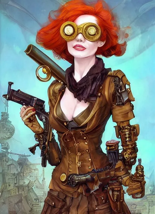 Image similar to 8K, realistic ginger Lady Mechanika in a Comic Book cover, holding a shotgun, and wearing victorian goggles in a ultradetailed Steampunk scenary, smooth, sharp focus, illustration. Art by Artgerm and Peter Andrew Jones and Pete Tapang and Alina Ivanchenko and Hirokazu Yokohara and Kago Shintaro. Trending on artstation, featured in Deviantart, Wallhaven Wallpaper, sharp focus, D&D, detailed, intricate, cinematic lighting,