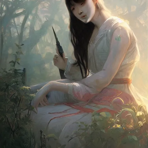 Image similar to IU, Lee Ji-Eun, very detailed, digital art, concept art, studio quality, ethereal, art style by Greg Rutkowski and Alphonse Mucha