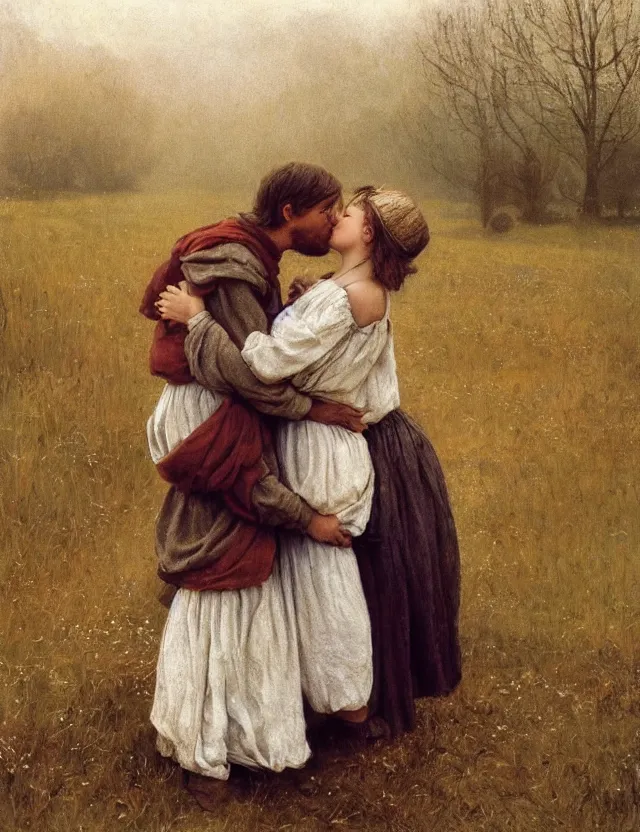 Image similar to peasant boy and girl first kiss, on a village, Cinematic focus, Polaroid photo, vintage, neutral colors, soft lights, foggy, by Steve Hanks, by Serov Valentin, by lisa yuskavage, by Andrei Tarkovsky 8k render, detailed, oil on canvas