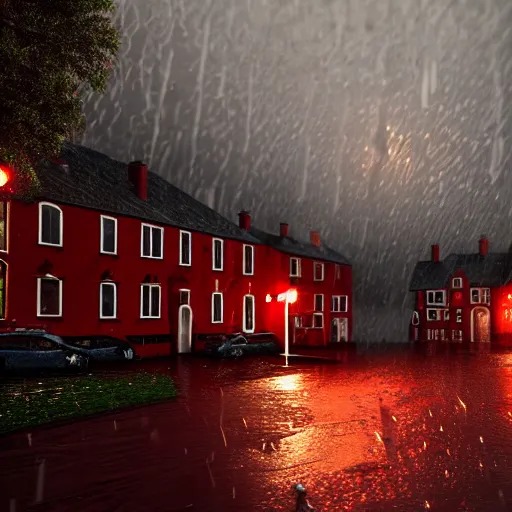 Image similar to dark rainy night, lights, swedish red houses, cars driving, rain on screen, realistic, cinematic, raytracing, intense detail, artstation