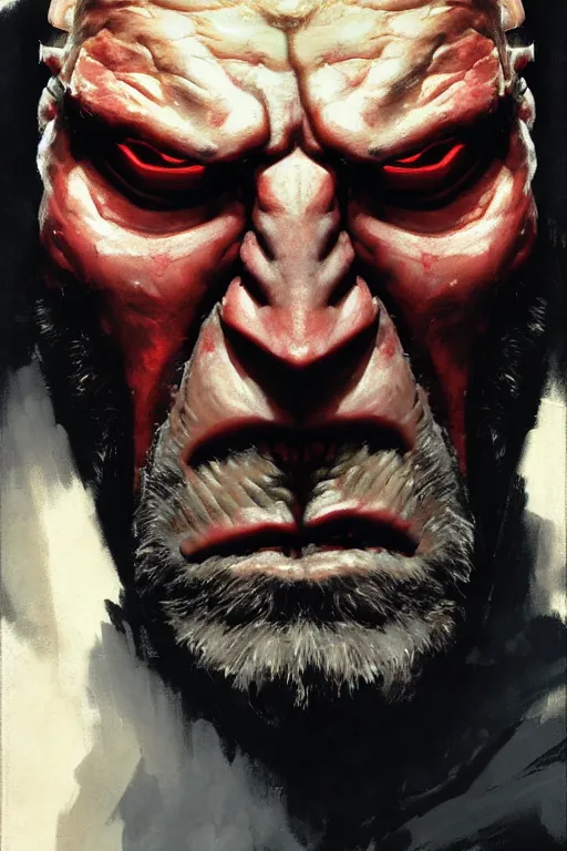 Prompt: extreme close up, facial portrait, joe biden as hellboy, stoic, grim dark, moody, portrait dnd, painting by gaston bussiere, craig mullins, greg rutkowski, yoji shinkawa