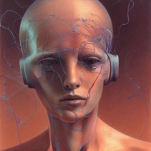 Image similar to portrait of girl melting with machine by wayne barlowe and zdislaw beksinski