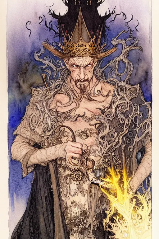 Image similar to a realistic and atmospheric watercolour fantasy character concept art portrait of an evil king with a black crown looking at the camera with an intense gaze by rebecca guay, michael kaluta, charles vess and jean moebius giraud