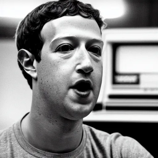 Image similar to mark zuckerberg dancing with a tandy trs - 8 0 computer. cinematic 8 k, depth of field, bokeh.