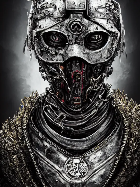 Image similar to portrait art of 8k ultra realistic undead ninja,intricate black mask, detailed intricate ornate armour,decaying, cybernetic, full of colour, cinematic lighting, battered, trending on artstation, 4k, hyperrealistic, focused, extreme details,unreal engine 5, cinematic, masterpiece, art by ayami kojima, giger