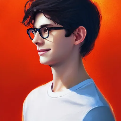 Prompt: colorful and Festive Captivating young man with longer straight black hair, round glasses, white t-shirt, smiling, innocent look. rich vivid colors, ambient lighting, dynamic lighting, 4k, atmospheric lighting, painted, intricate, highly detailed by Charlie Bowater