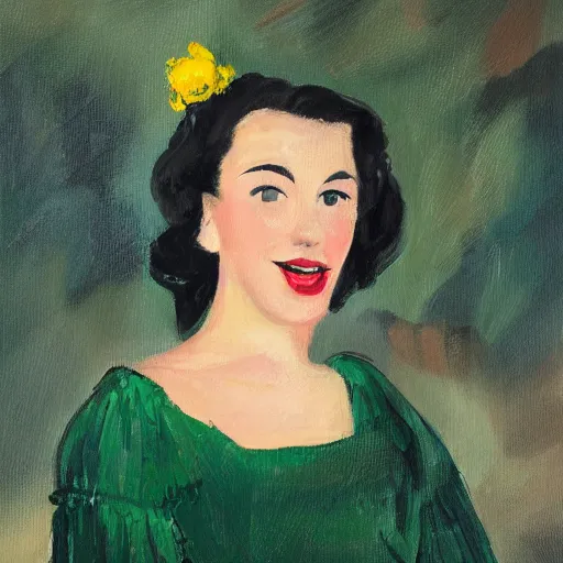 Image similar to a portrait of a young woman from the fifties, seated in front of a landscape background, her black hair is a long curly, she wears a dark green dress, pleated in the front with yellow sleeves, puts her right hand on her left hand, and smiles slightly, oil painting