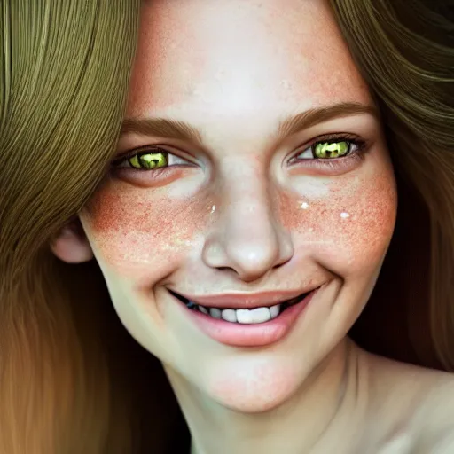 Prompt: beautiful hyperrealism hyperdetailed selfie of a cute young woman smiling softly, long light bronze brown hair, flushed face, red blush, light freckles, soft features, emerald green eyes, 8 k, sharp focus, art by irakli nadar