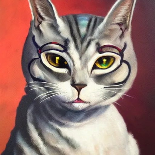 Image similar to old cyborg cat painting, museum quality, realistic, good lighting