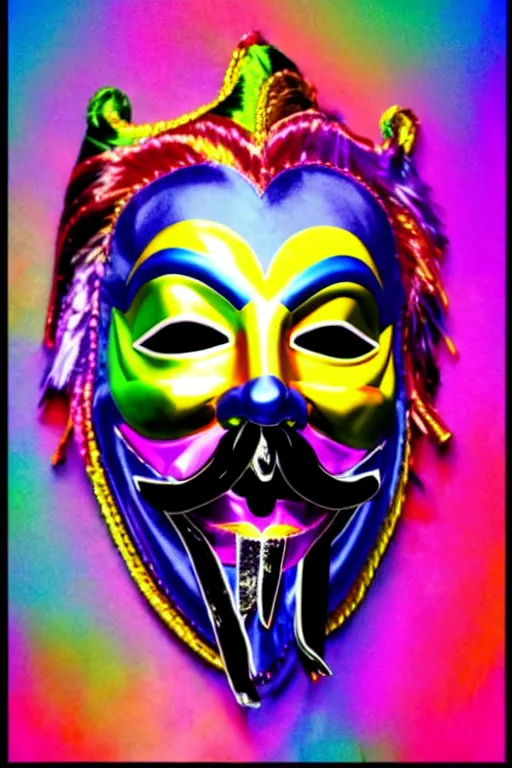 Image similar to guy fawkes mask, lisa frank style,