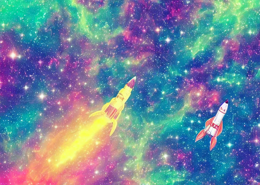 Image similar to rocket ship flying over huge and colorful nebula, pastels