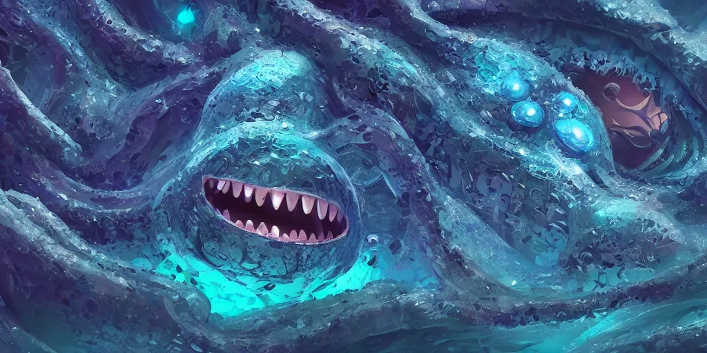 Image similar to of an intricate deep sea with strange cute friendly happy creatures with huge eyes, long tongue, round teeth and goofy funny face, appearing from the background, in the style of gehry and gaudi, macro lens, shallow depth of field, ultra detailed, digital painting, trending artstation, concept art, illustration, cinematic lighting, photorealism, epic, octane render