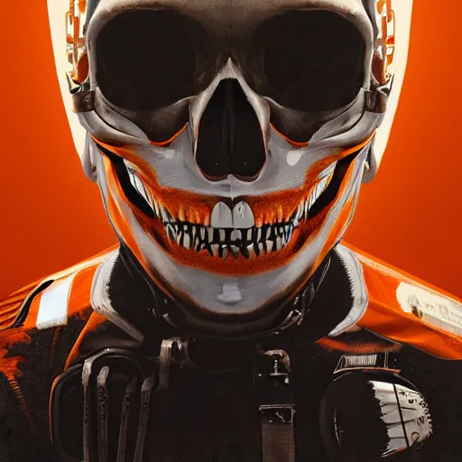 Prompt: a portrait of a skull with vampire teeth, in an orange racing helmet by sandra chevrier, detailed render, epic composition, cybernetics, 4 k realistic, cryengine, realistic shaded lighting, sharp focus, masterpiece, by matteo scalera, gary montalbano, peter elson in the style of the tokyo ghost comic