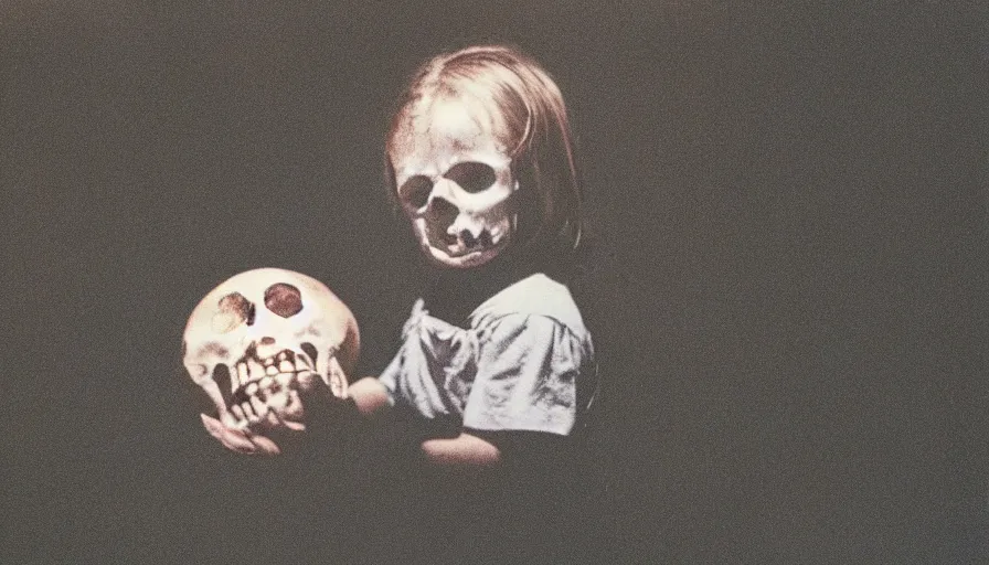 Prompt: 7 0 s film still from a horror movie featuring a child holding a skull and balloon, kodachrome, cinecolor, cinestill, photorealism, cinematic, film grain, film texture, vhs recording