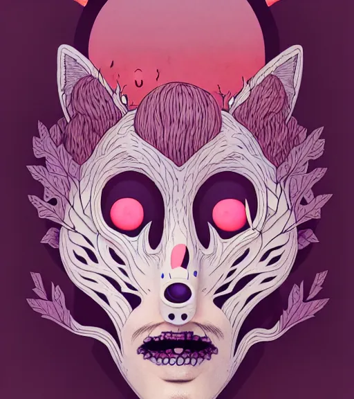 Prompt: portrait, nightmare anomalies, leaves with half kitsune mask by miyazaki, violet and pink and white palette, illustration, kenneth blom, mental alchemy, james jean, pablo amaringo, naudline pierre, contemporary art, hyper detailed