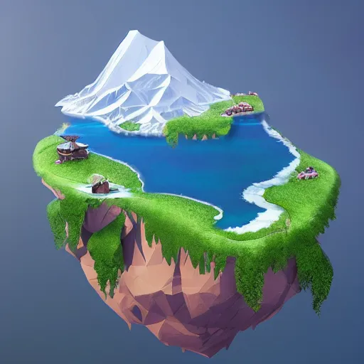 Image similar to a beautiful floating island with everest landscape isometric art, low poly art, game art, artstation, 3D render, high detail, cgsociety, octane render, sharp focus