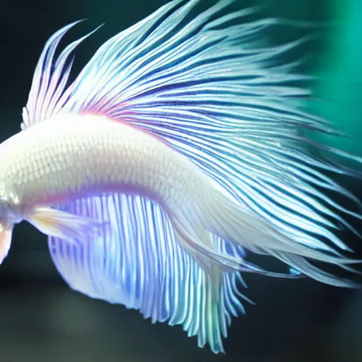 Prompt: a graceful iridescent white betta fish with long swirling fins, black-water-background