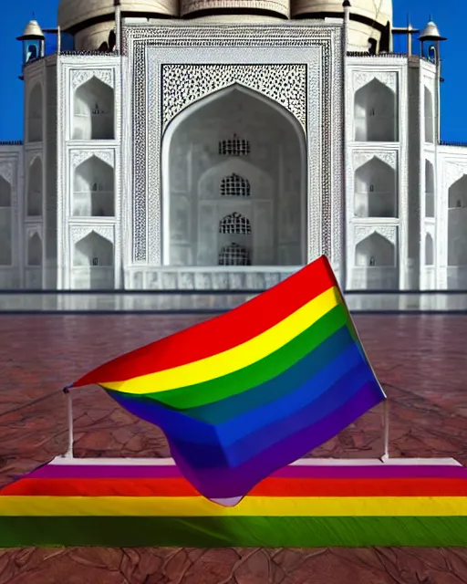 Image similar to gay pride!!!! at taj mahal. high quality photorealistic octane render 4 k, hyperrealism, volumetric fog, serious, cgstation, symmetric