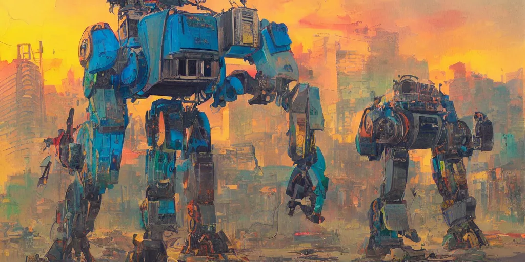 Image similar to colourful - damaged - giant mecha ROBOT of AJEGUNLE SLUMS in Lagos, markings on robot, Golden Hour, painting by Hsiao-Ron Cheng,