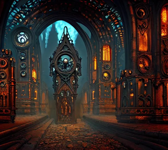 Image similar to steam necropolis, memento mori, gothic, neo - gothic, art nouveau, hyperdetailed copper patina medieval icon, stefan morrell, philippe druillet, ralph mcquarrie, concept art, steampunk, unreal engine, detailed intricate environment, octane render, moody atmospherics, volumetric lighting, ultrasharp, ominous, otherworldly