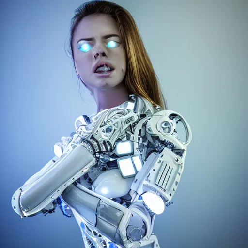 Prompt: beautiful centered Fine art photo portrait of screaming Allison Parker, squeezing her eyes shut, as a solarpunk robotic humanoid, white mechanical parts with led lights, photorealistic, white background, highly detailed and intricate, sunset lighting, HDR 8k