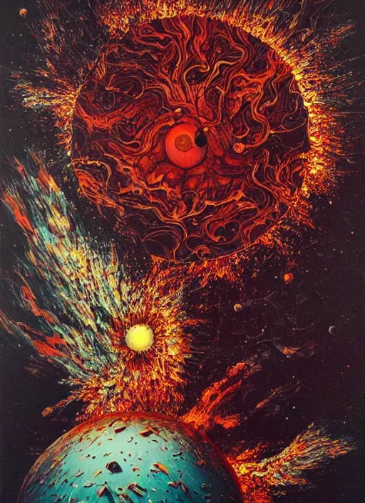 Prompt: exploding, cracking, colliding, smashing planets and moons engulfed in flames in the style of, pascal blanche, surreal, beksinski, damien hirst, high detailed