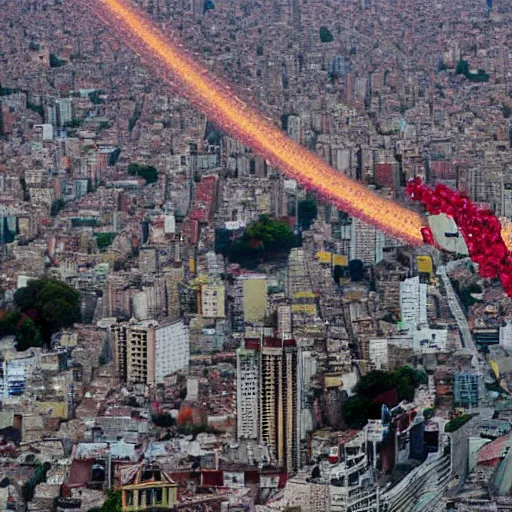 Image similar to bird's - eye view of a ruby rain over buenos aires