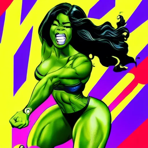 Image similar to Actress Gabrielle Union as She-Hulk, smiling, poster framed, comic pinup style, sports illustrated, detailed legs, artstation, illustration, posterized, Roge Antonio, Jen Bartel