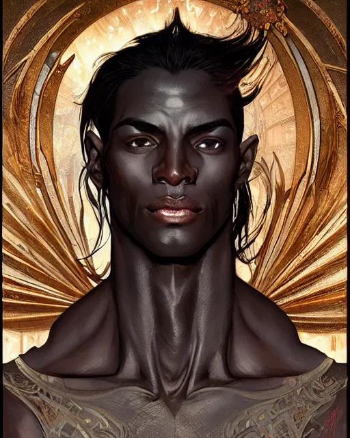 Prompt: portrait of a handsome male dark elf, dark skin, fantasy, intricate, elegant, highly detailed, digital painting, artstation, concept art, sharp focus, illustration, art by artgerm and greg rutkowski and alphonse mucha