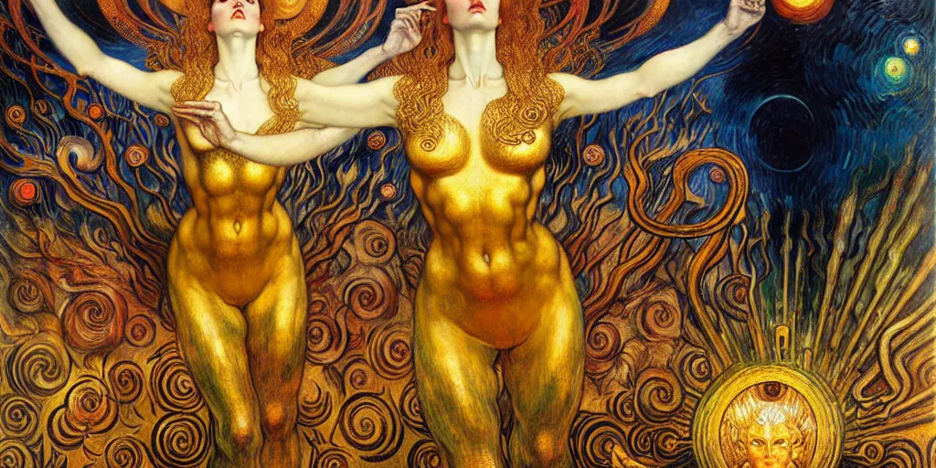 Image similar to Divine Chaos Engine by Karol Bak, Jean Delville, William Blake, Gustav Klimt, and Vincent Van Gogh, symbolist, visionary