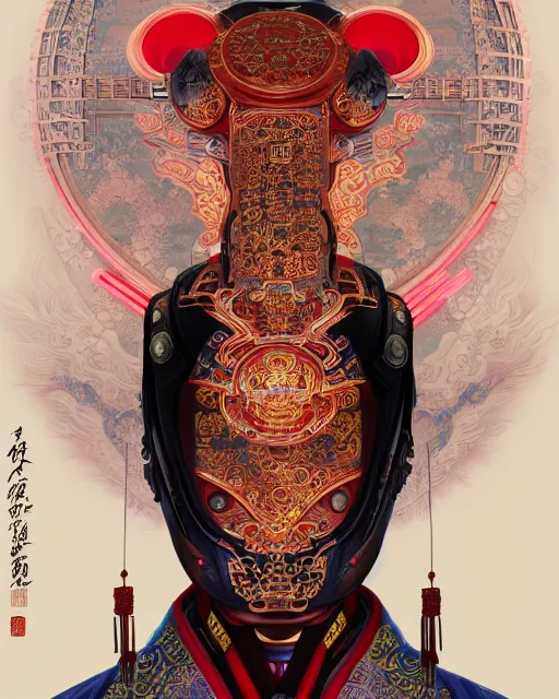 Image similar to portrait of a chinese cyberpunk machine, machine face, arms, upper half portrait, decorated with chinese opera motifs, regal, asian, fine china, wuxia, traditional chinese art intricate intense elegant 京 剧 highly detailed digital painting artstation concept art smooth sharp focus illustration, art by artgerm and greg rutkowski alphonse mucha 8 k