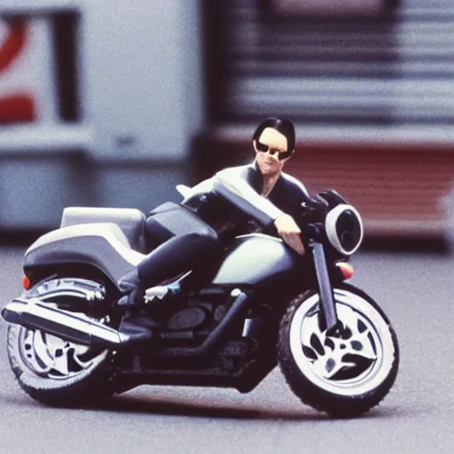 Image similar to beautiful hyperrealism three point perspective film still of Keanu Reeves as neo with machine gun in a motorcycle chase scene in Matrix(1990) extreme closeup portrait in style of 1990s frontiers in translucent porclein miniature street photography seinen manga fashion edition, miniature porcelain model, focus on face, eye contact, tilt shift style scene background, soft lighting, Kodak Portra 400, cinematic style, telephoto by Emmanuel Lubezki