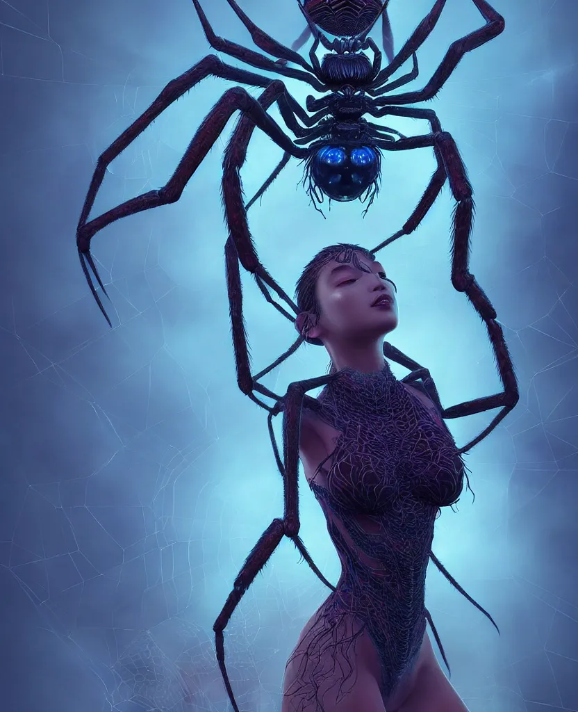 Image similar to goddess portrait of a giant spider queen, bioluminiscent, intricate artwork by Tooth Wu and wlop and beeple. octane render, trending on artstation, greg rutkowski very coherent symmetrical artwork. cinematic, hyper realism, high detail, octane render, 8k